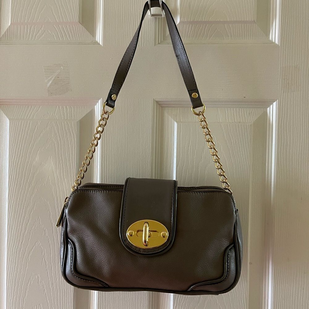 Antonio Melani Leather gray  Double Zip Shoulder Handbag, gold tone hardwares.